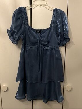 Satin-Look Navy Mini Dress with Puff Sleeves